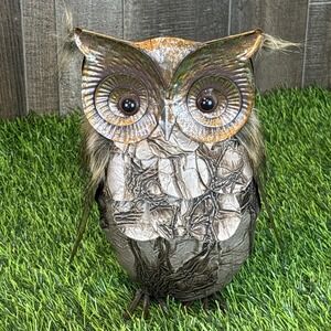 Leather & Metal Owl Figurine Rustic Cabin Lodge Decor Patina Finish